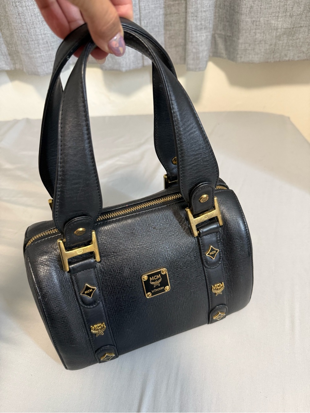 MCM Black Leather Barrel Satchel with Gold Hardware